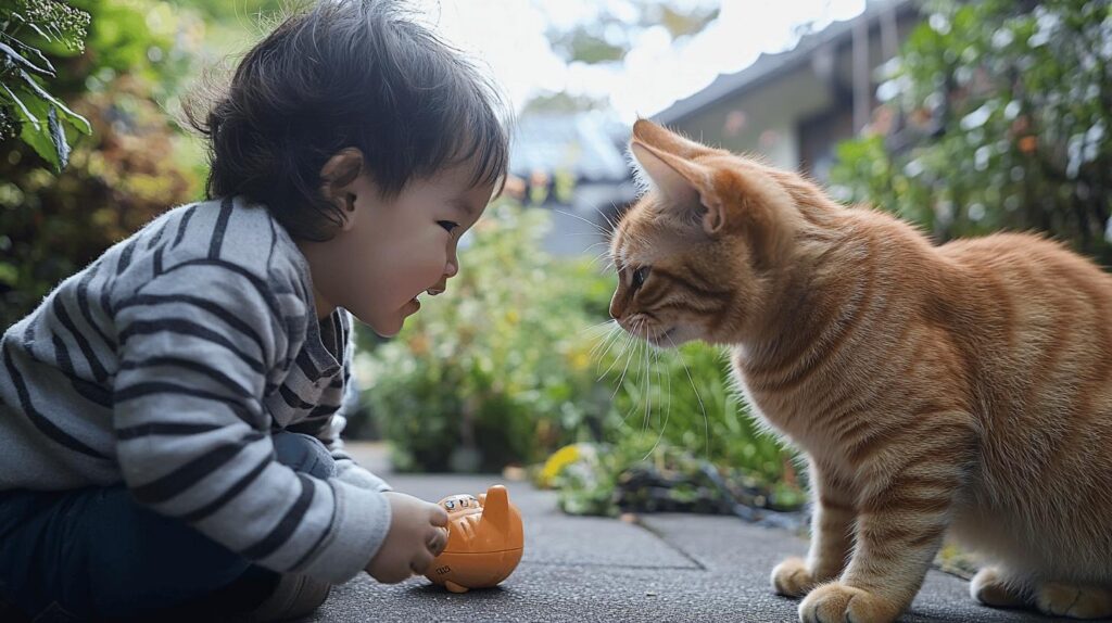 cat playing with child