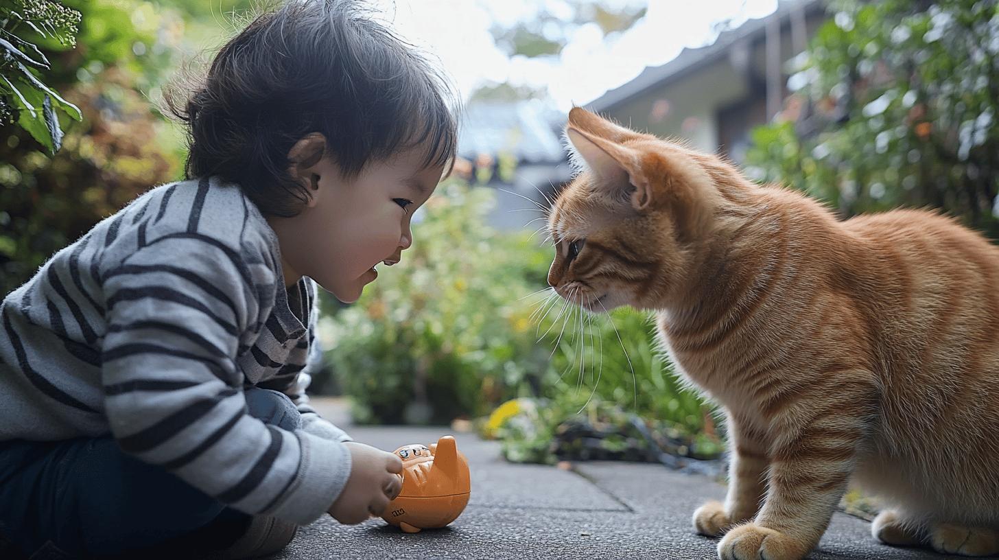cat playing with child