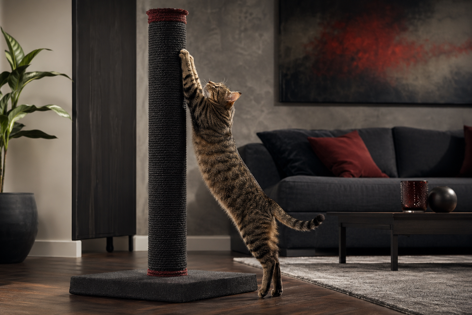 Cat stretching on a tall sturdy scratching post in a living room