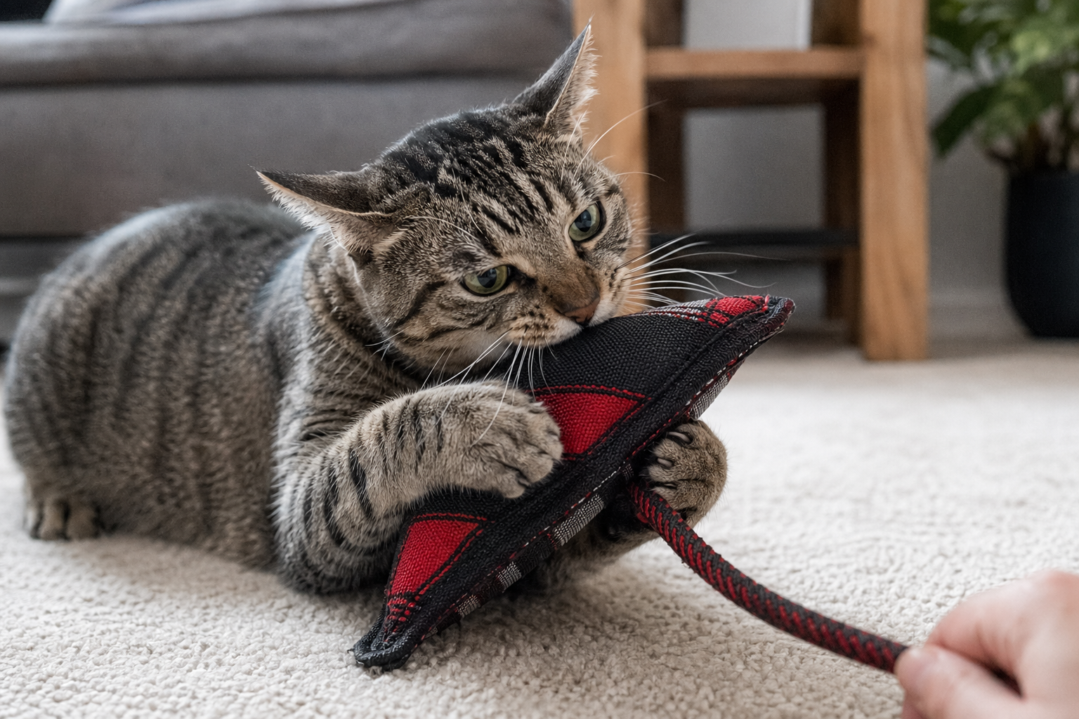 Cat gripping a tough fabric toy during supervised play