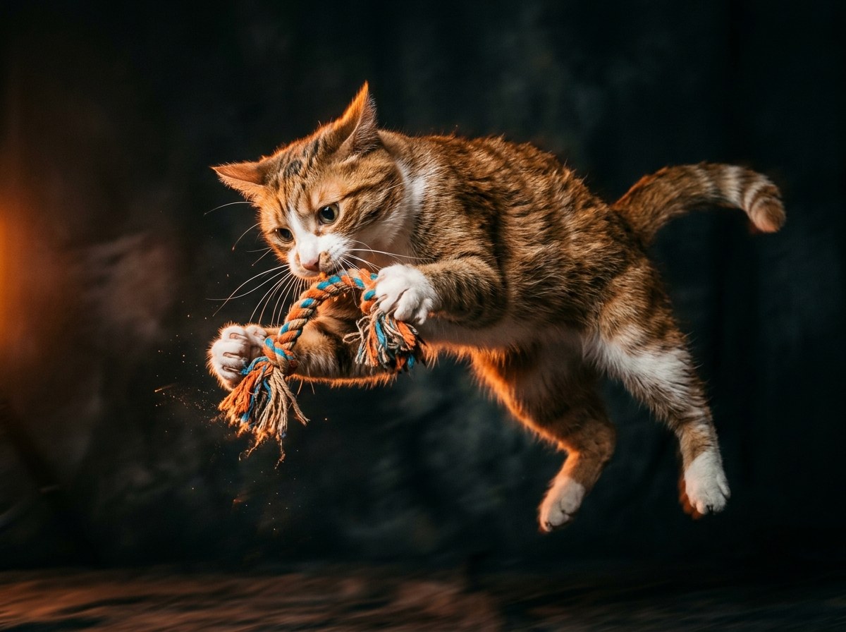 Cat mid-pounce attacking a rope toy with blurred motion, dark studio background, dramatic orange side lighting
