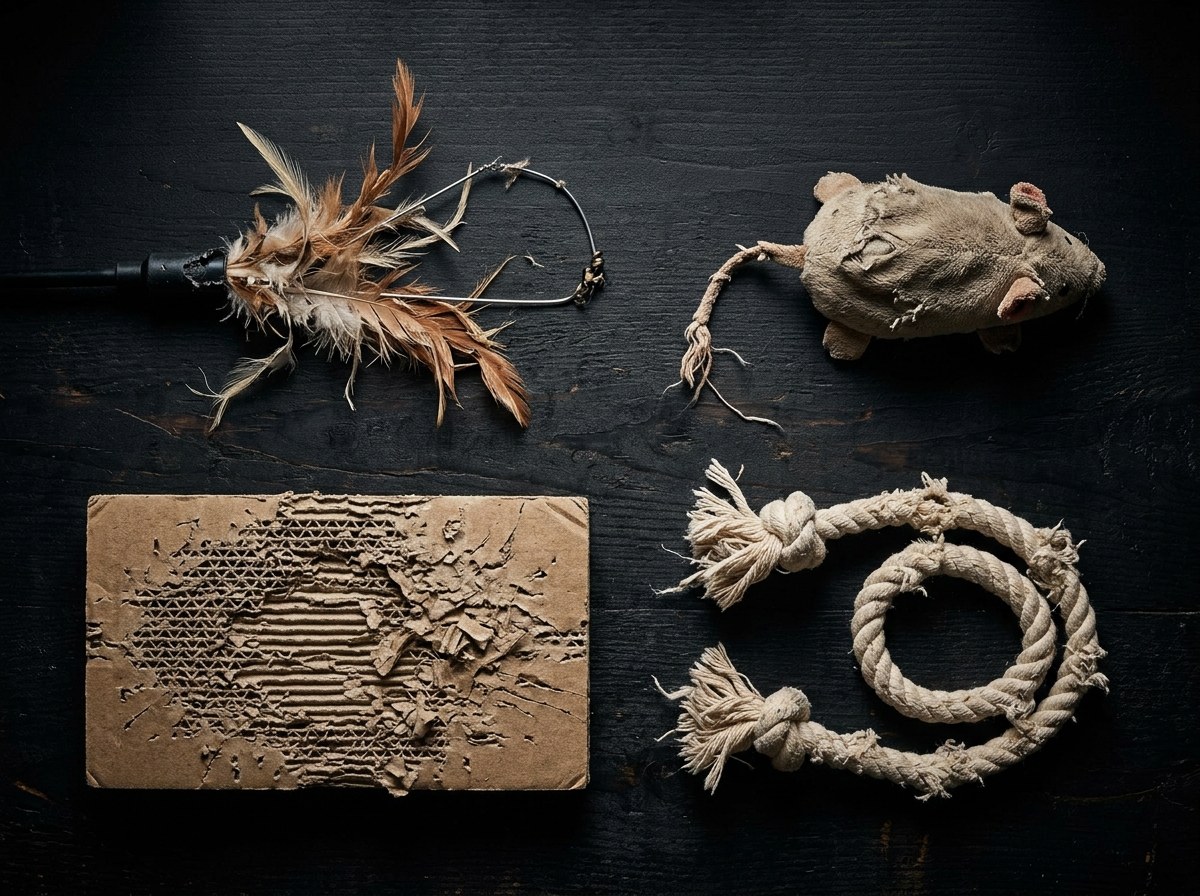 Four destroyed cat toys arranged in a flat lay on a dark surface, including a shredded feather wand, scratched scratcher, deflated plush mouse, and chewed rope toy