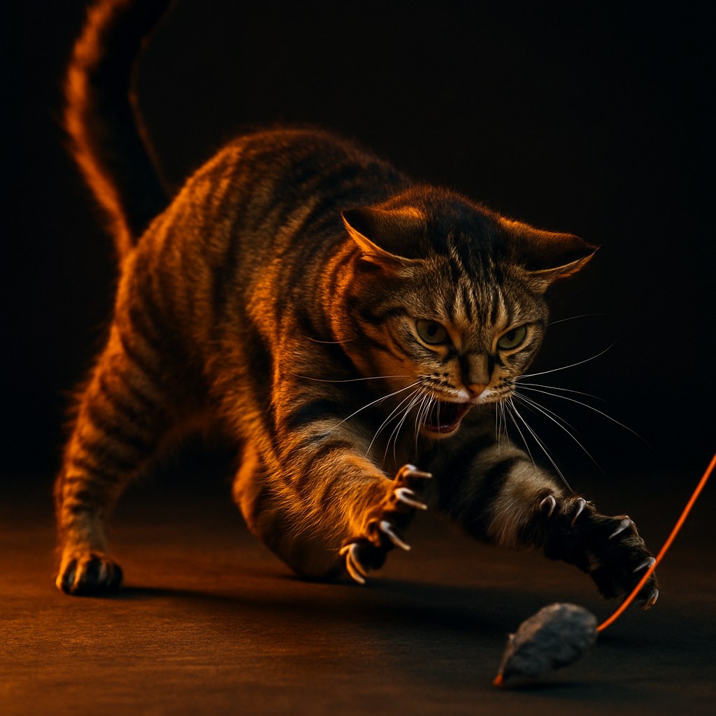 Cat in peak play mode with claws extended attacking a toy, ears pinned back, tail raised, mid-action with warm orange rim lighting