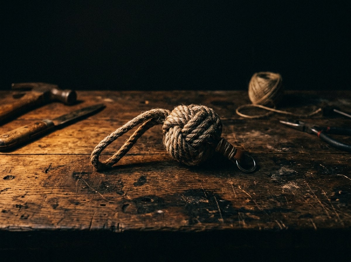 Single durable rope cat toy on a worn dark workbench surface, dramatic single-source warm light casting deep shadows