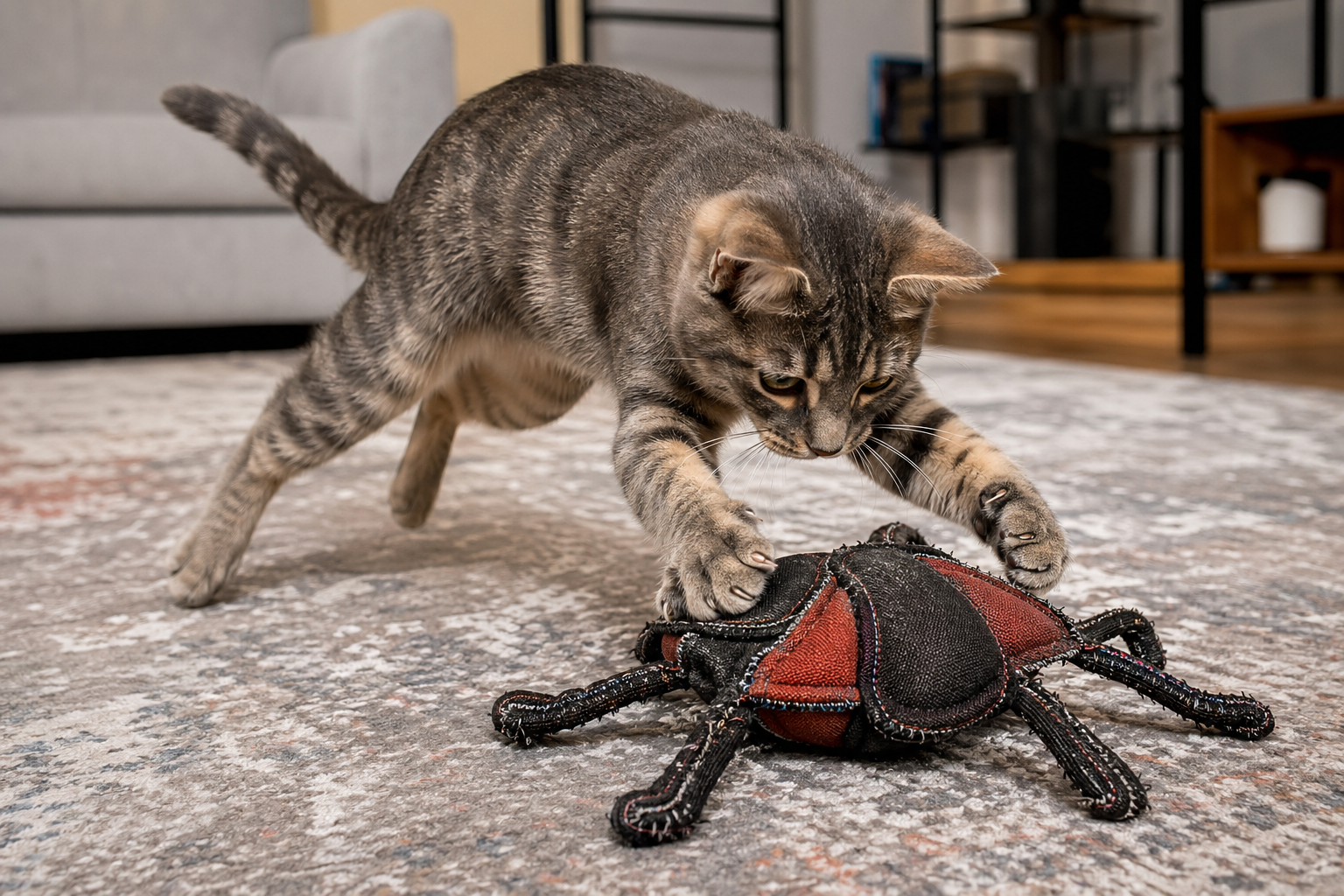 Indoor cat pouncing on a rugged interactive toy during supervised play