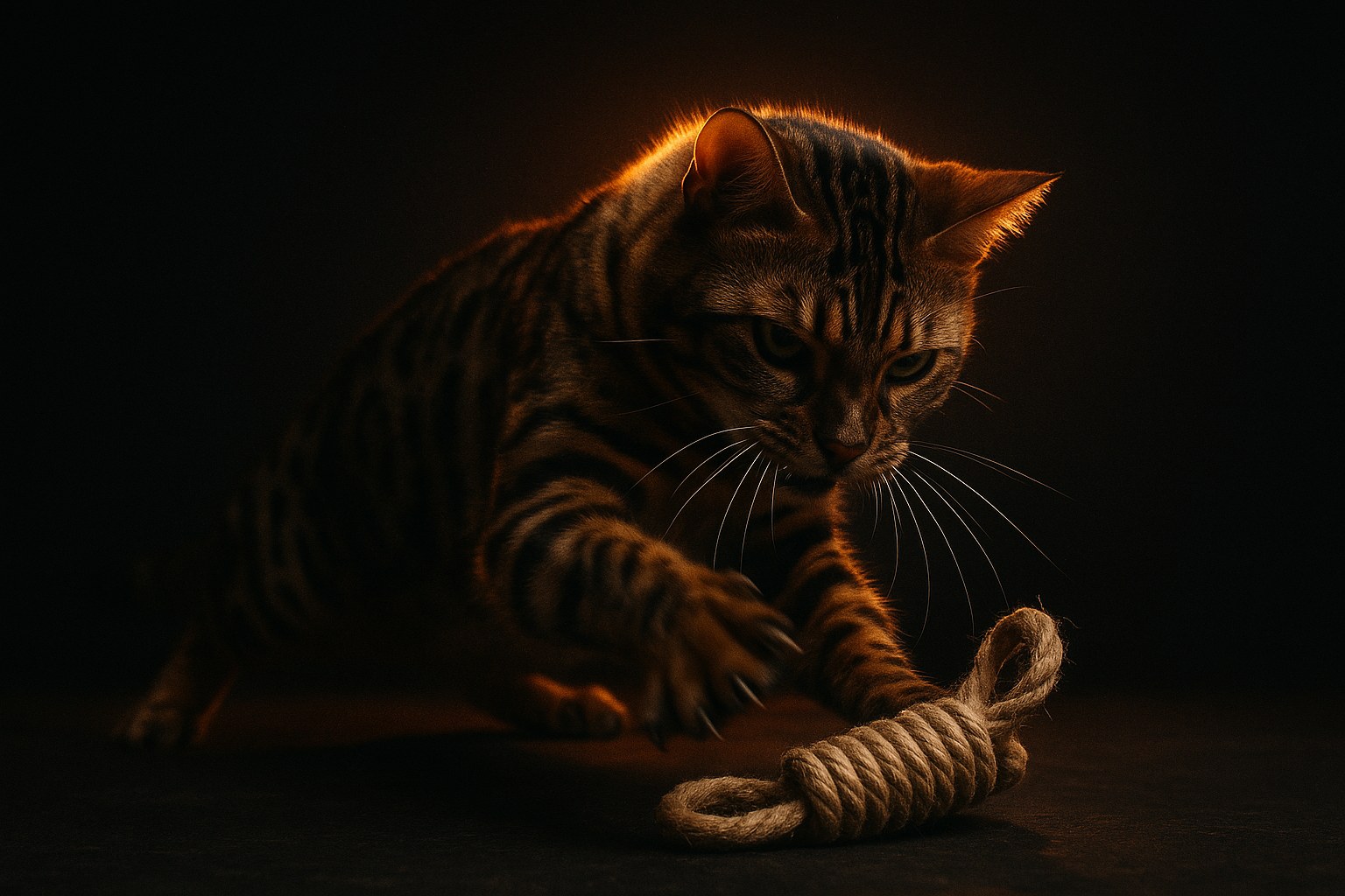 Dark cinematic photography of a large Bengal cat mid-pounce on a rugged rope toy with dramatic orange rim lighting