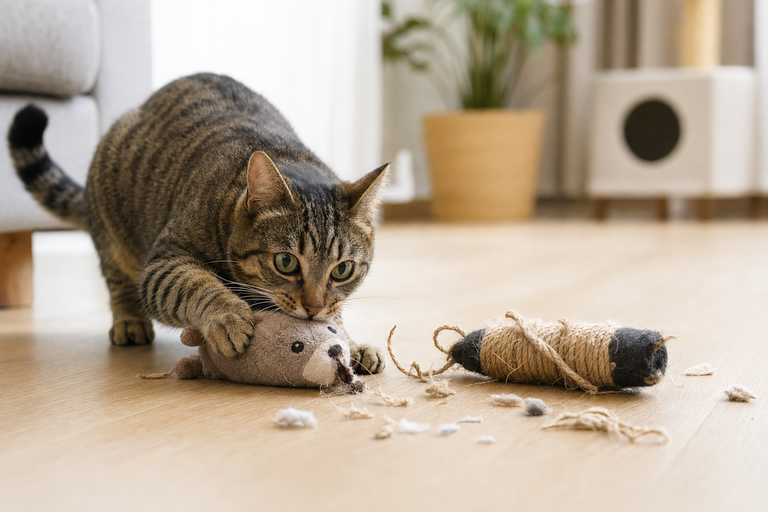 Tabby cat gripping a worn plush toy beside a frayed rope kicker on a living room floor