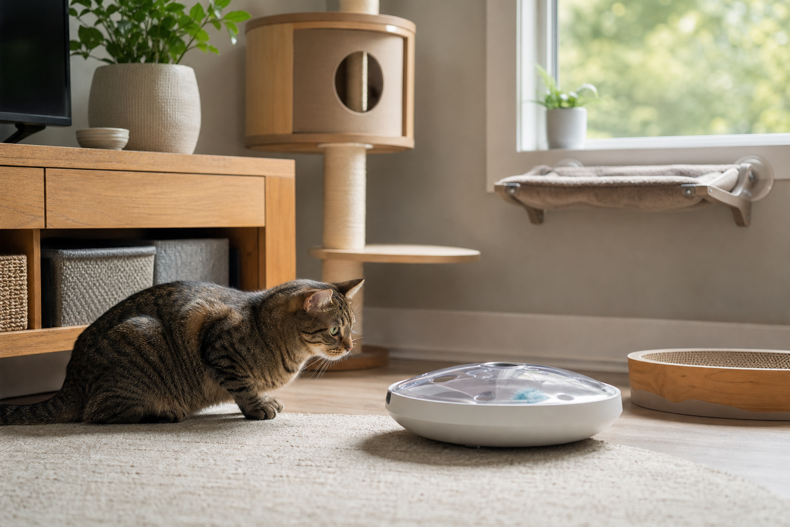 Indoor cat watching an enclosed automatic toy in a safe play area