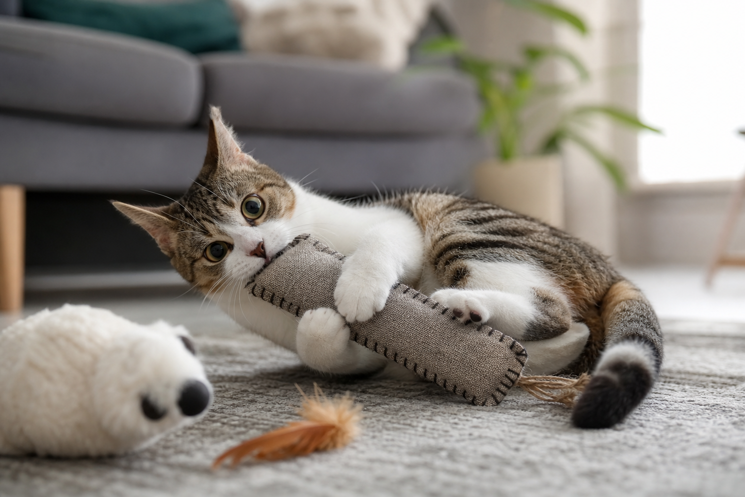 Indoor cat gripping a rugged kicker toy during supervised play