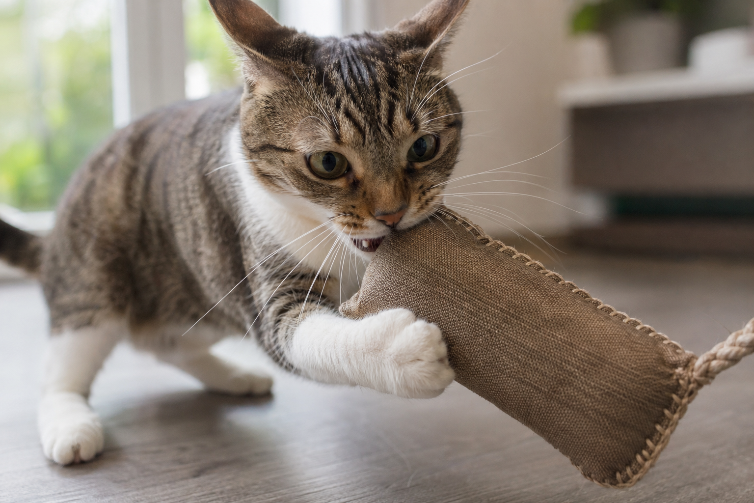 Cat gripping a tough fabric toy during supervised play