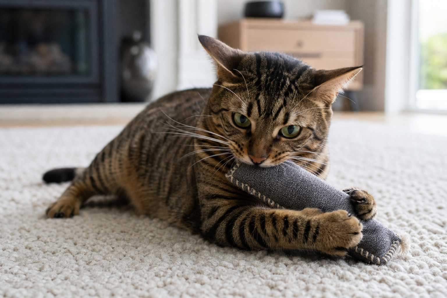 Indoor cat gripping a rugged fabric toy during supervised enrichment play