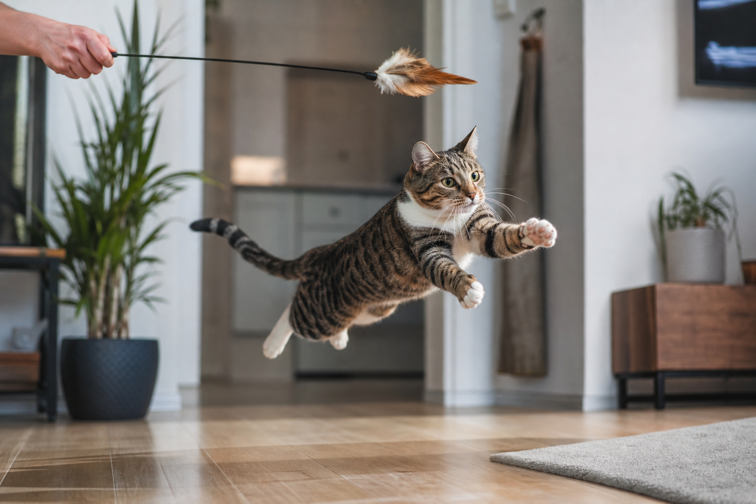 Cat leaping for a feather wand toy during supervised indoor play