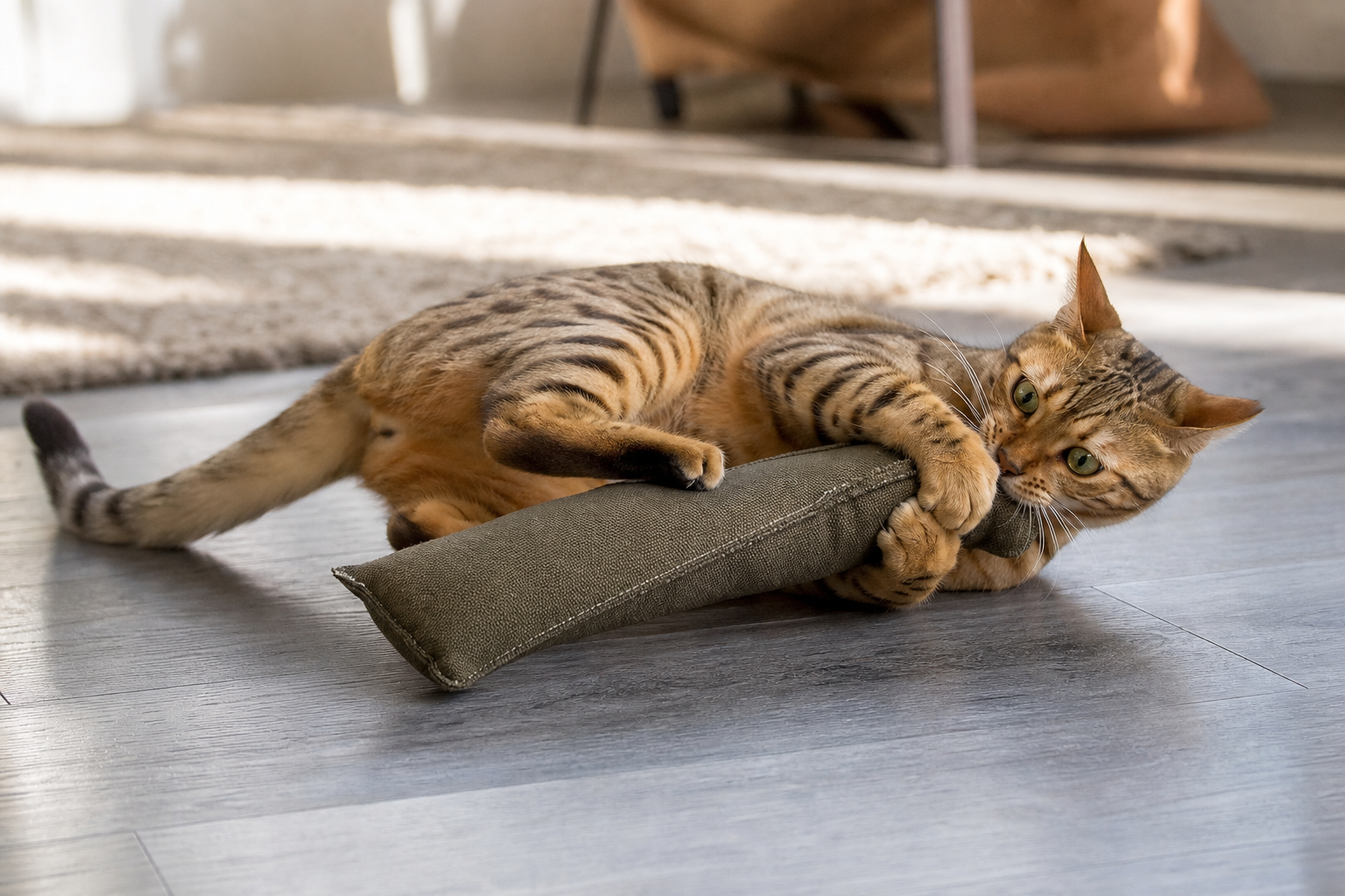 Cat gripping a long fabric kicker toy with front paws during supervised play