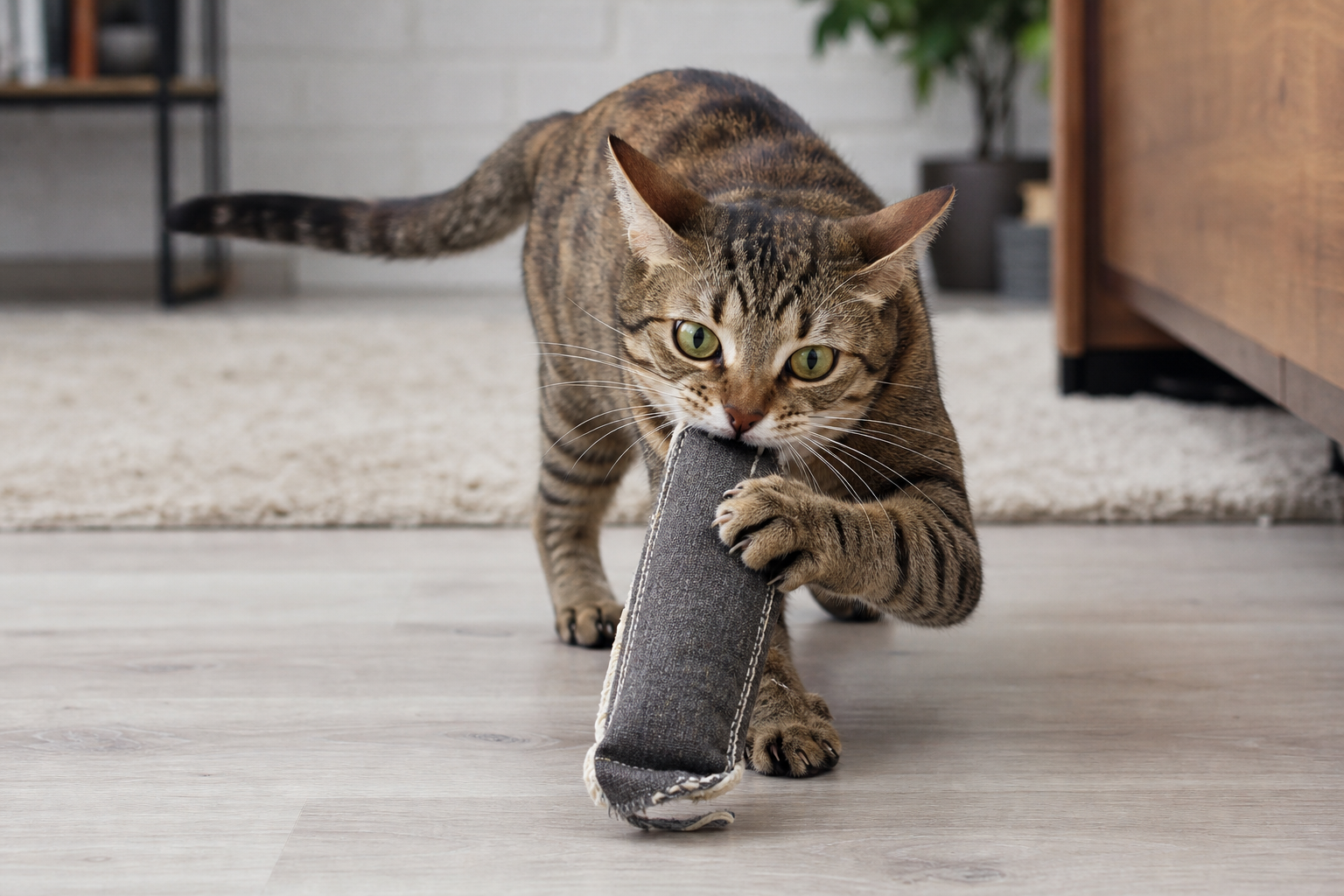 Athletic indoor cat gripping a rugged fabric toy during supervised exercise play