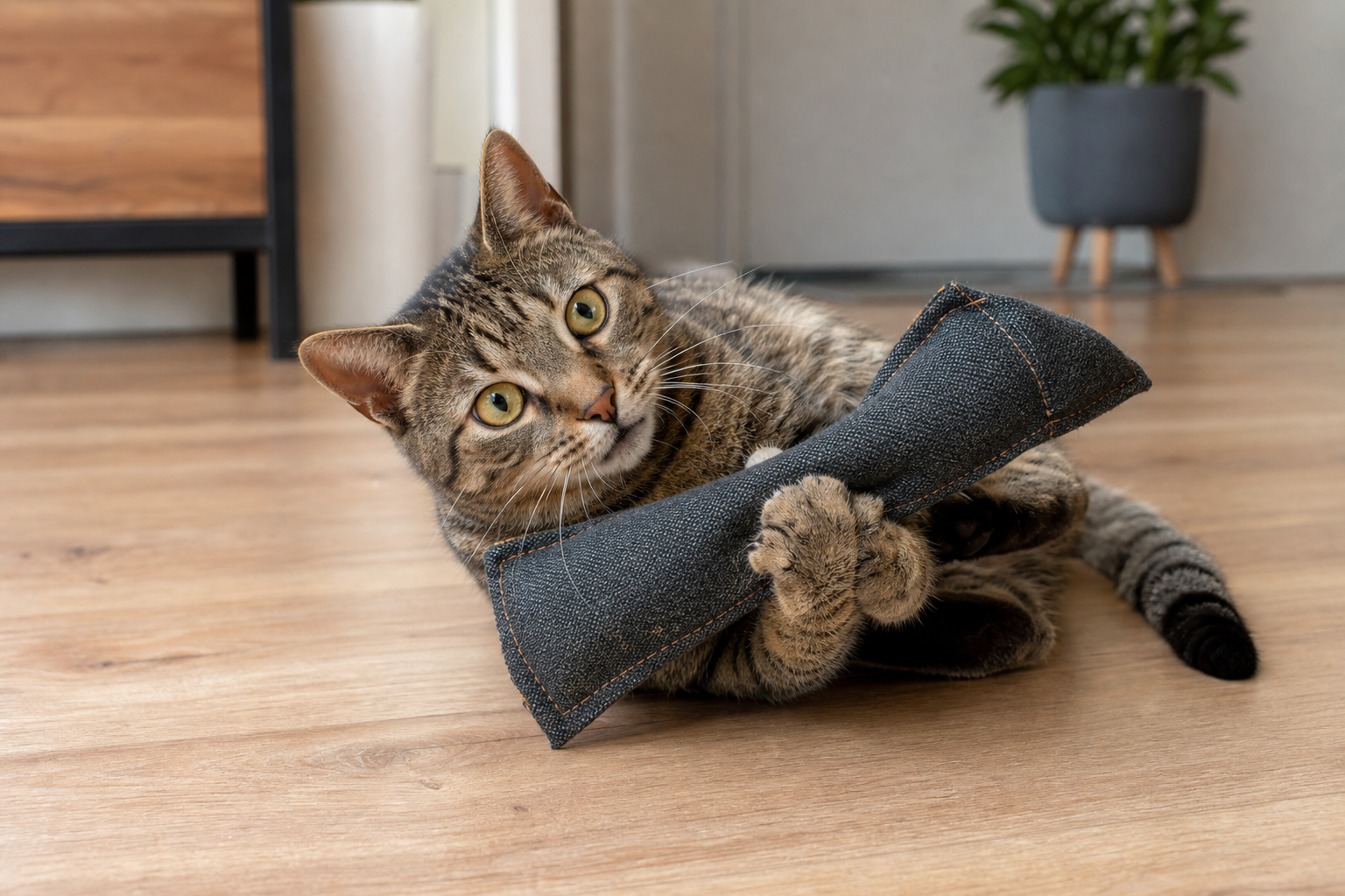 Alert tabby cat gripping a rugged kicker toy during supervised indoor play