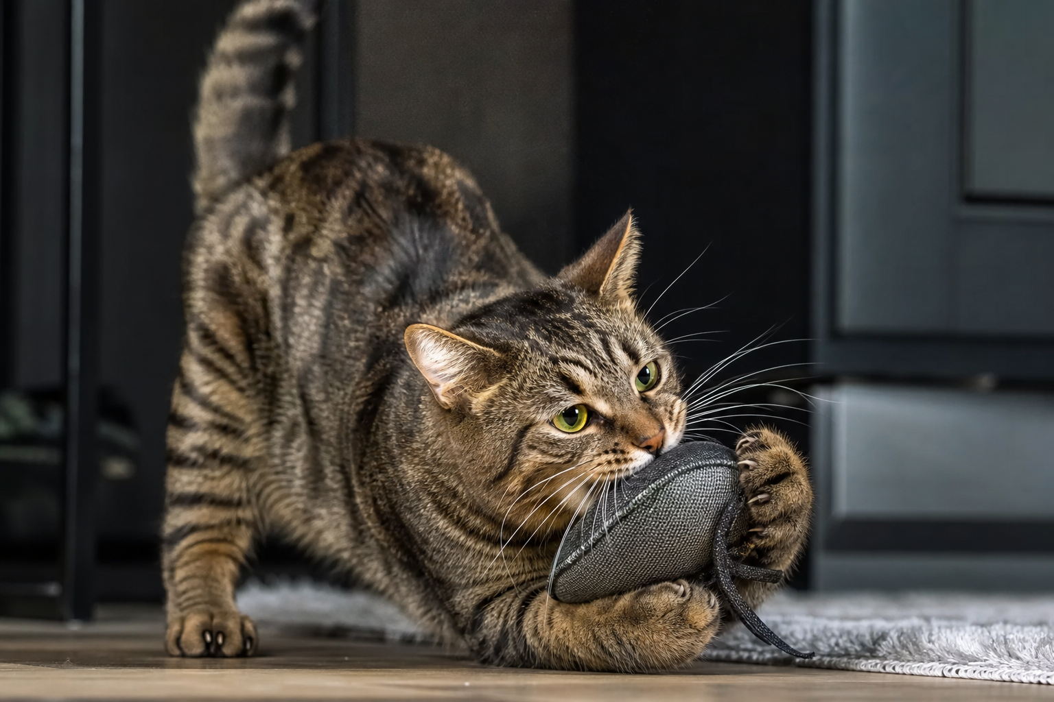 Cat gripping a tough fabric toy during supervised hunting-style play