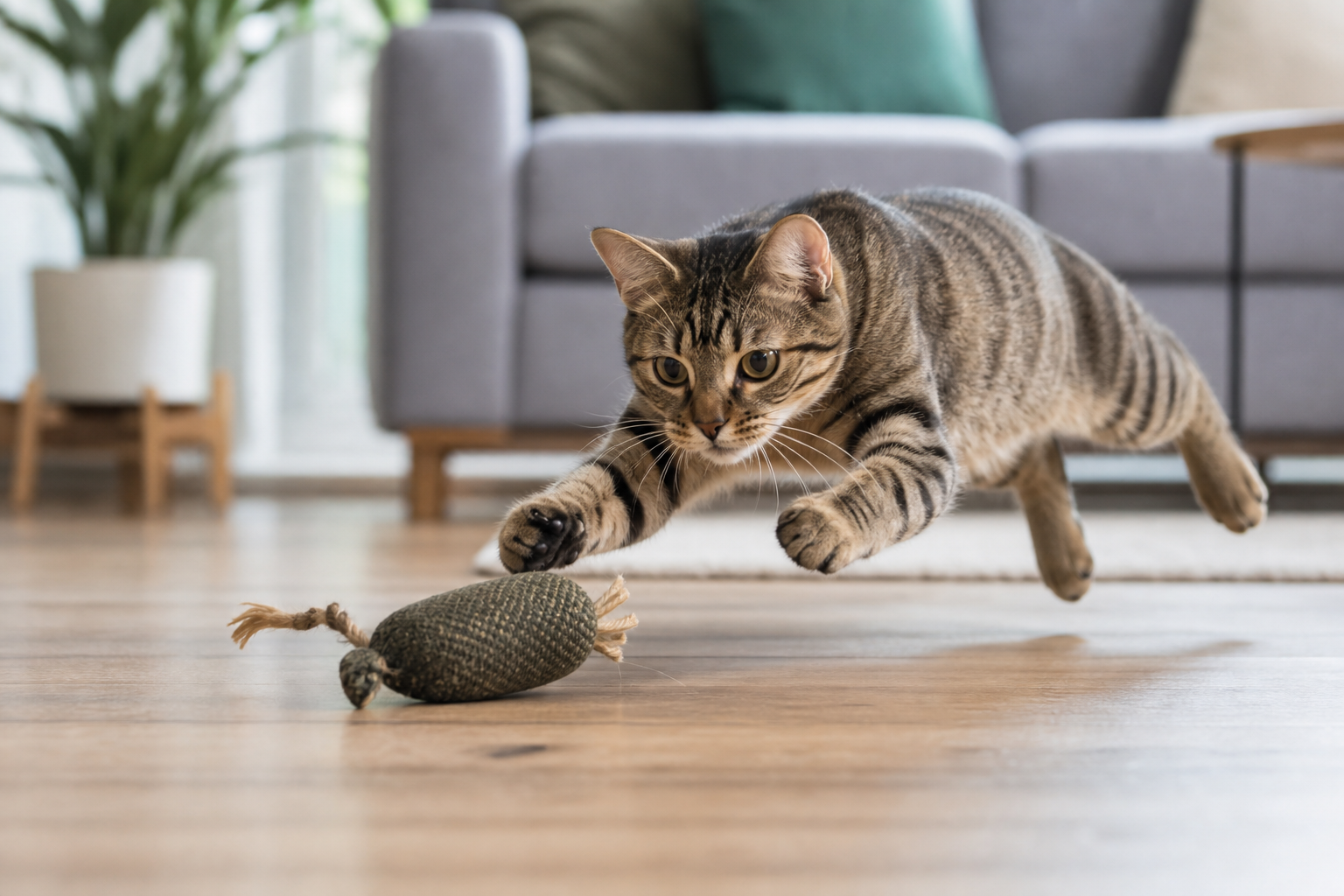 Energetic indoor cat chasing a moving toy during supervised play