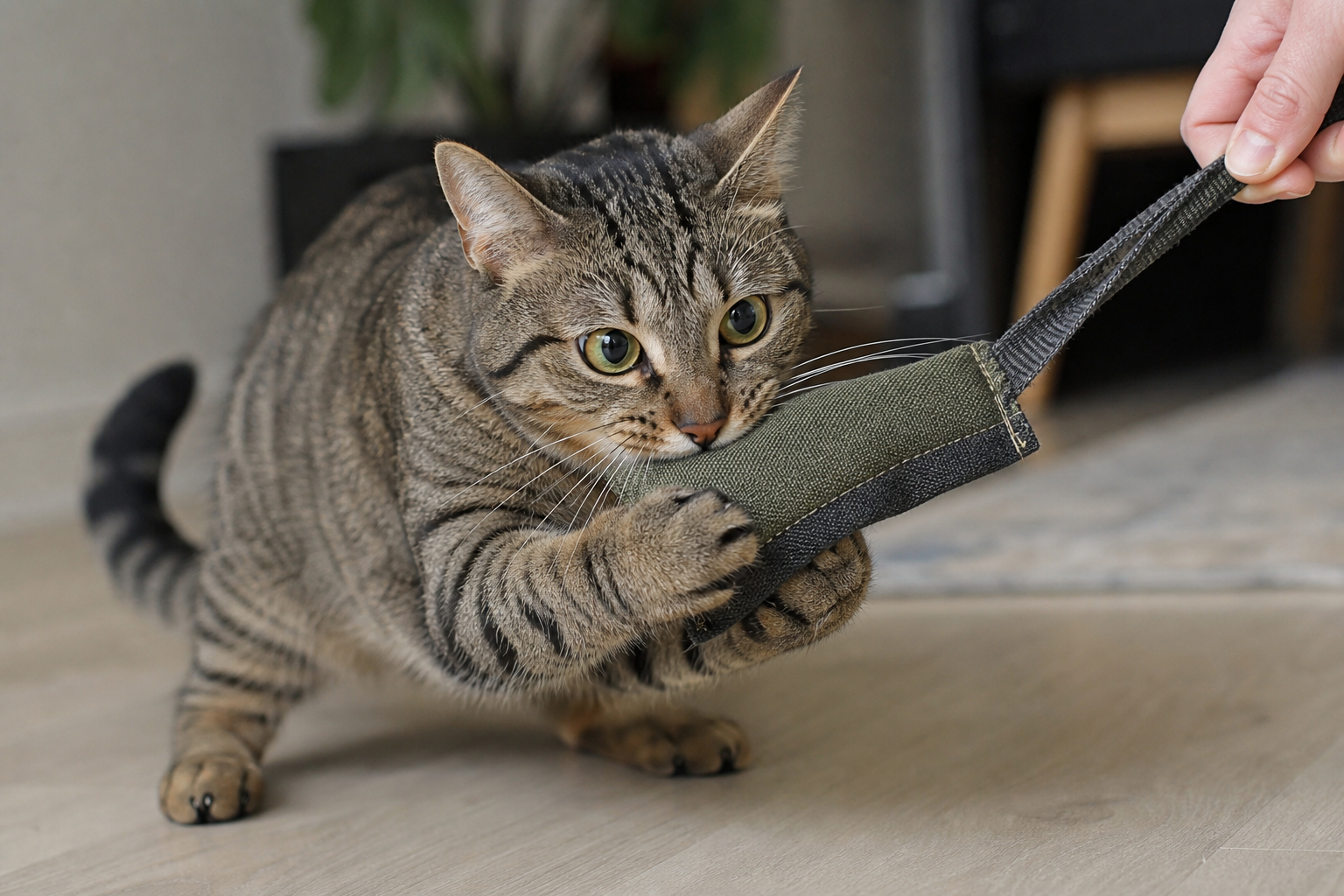 Cat gripping a tough fabric toy during supervised chewing play