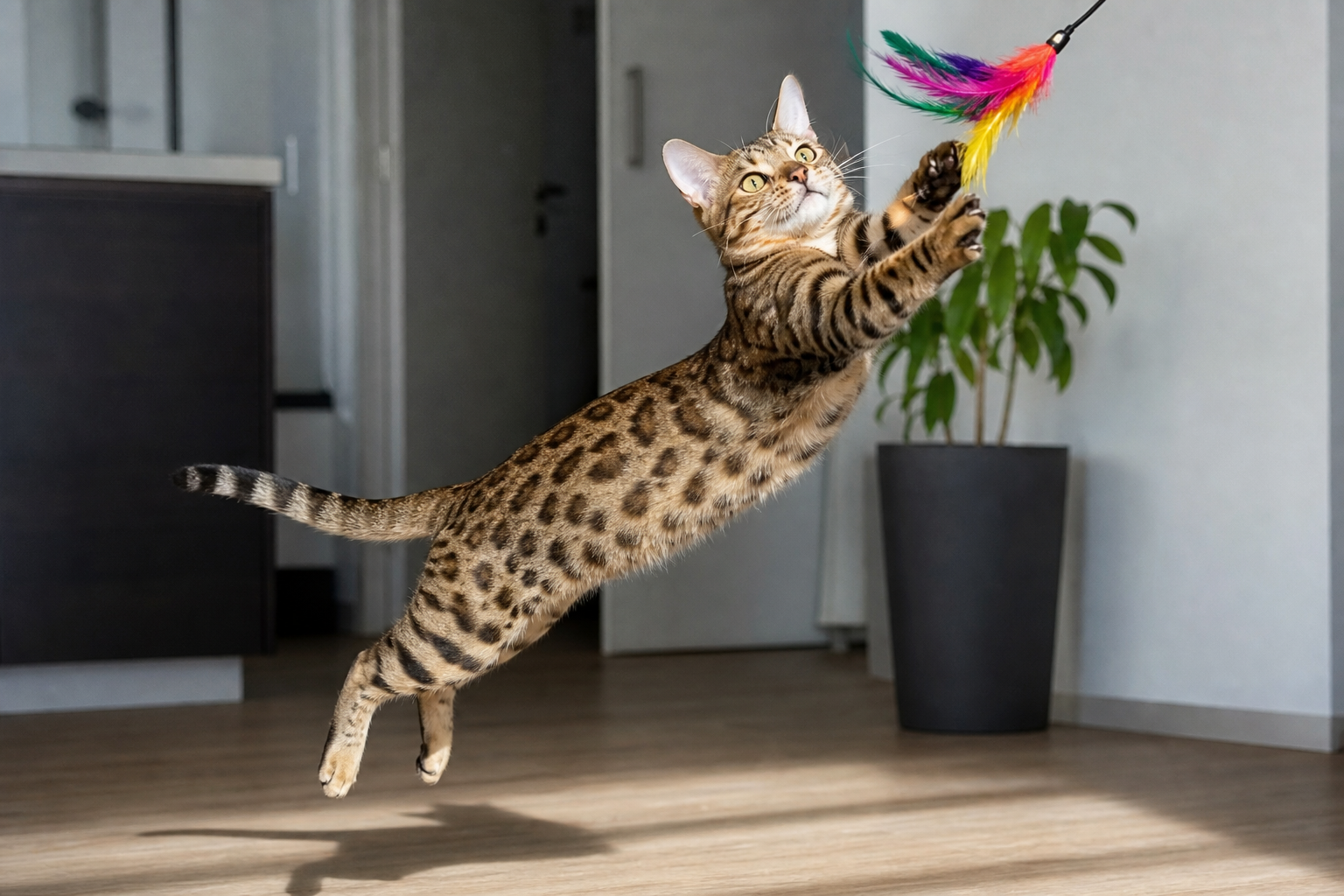 Cat leaping for a feather wand toy during supervised indoor play