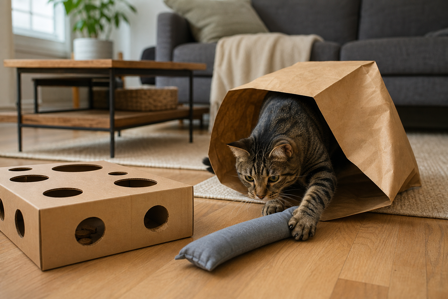 Indoor cat playing with sturdy homemade cardboard and fabric toys