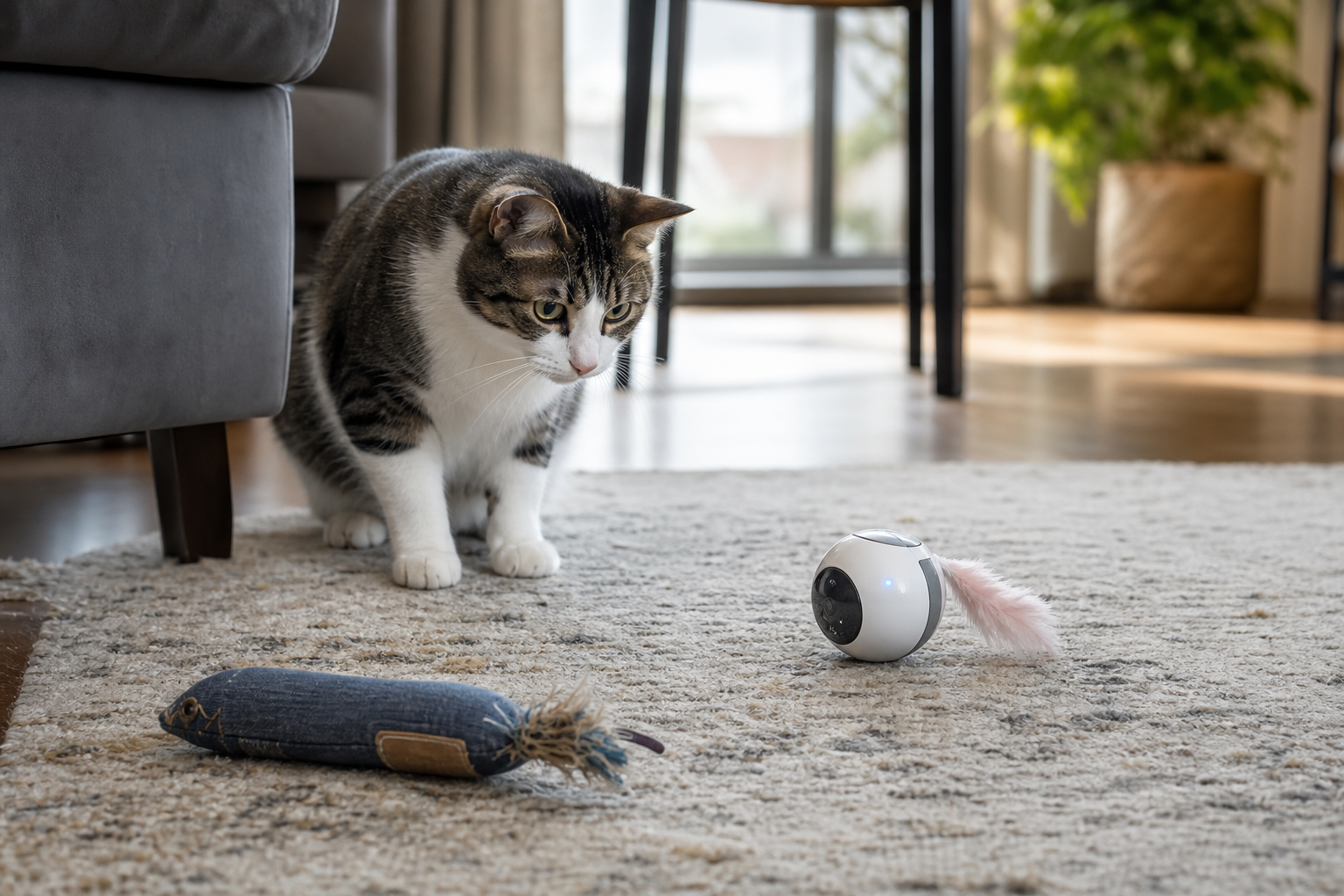 Indoor cat watching an electronic rolling toy beside a durable kicker toy