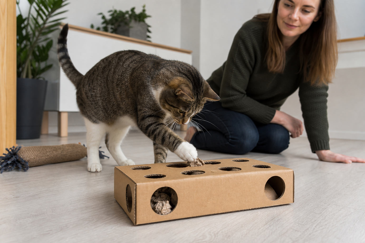 Indoor cat playing with a homemade cardboard puzzle toy under supervision