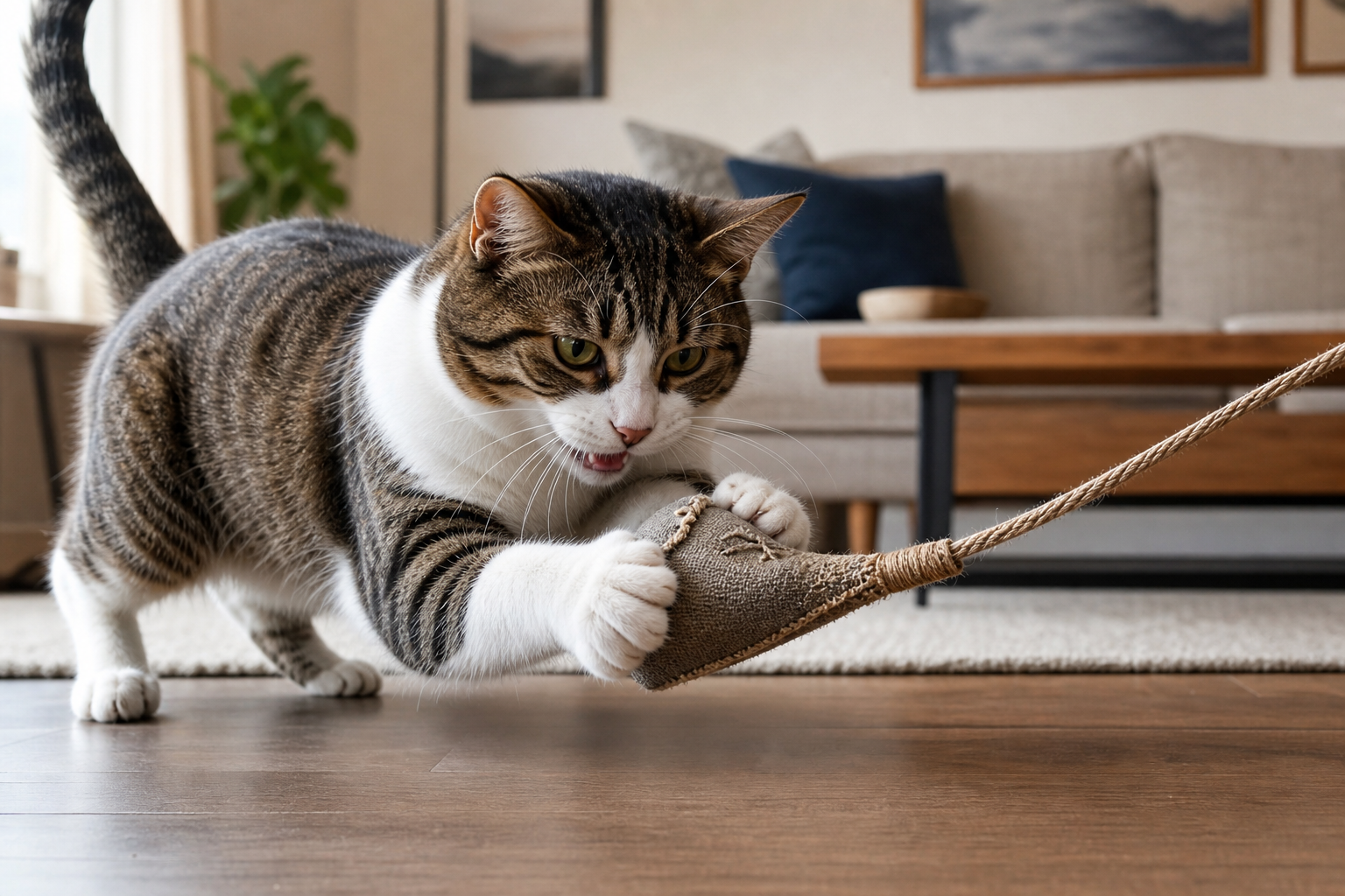 Indoor cat gripping a rugged toy during supervised interactive play