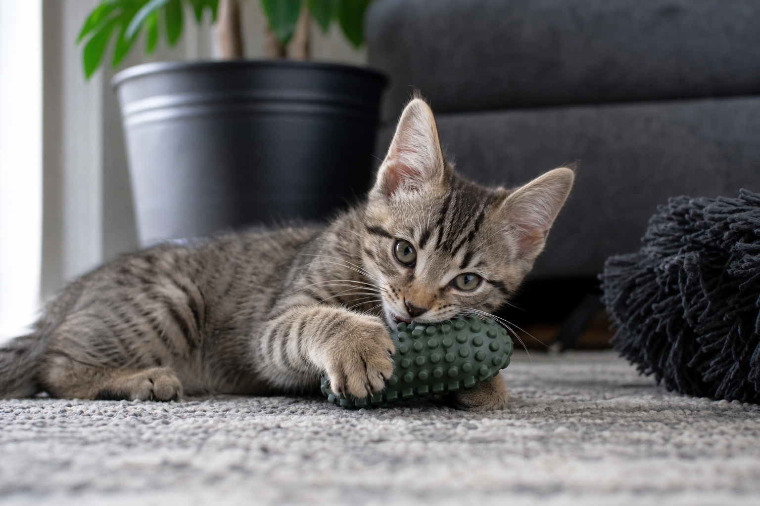 Kitten chewing a soft textured toy during supervised indoor play