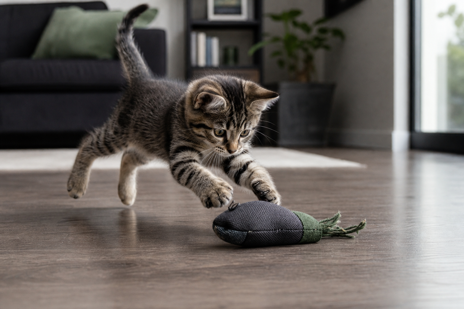 Kitten pouncing on a durable fabric toy during supervised play