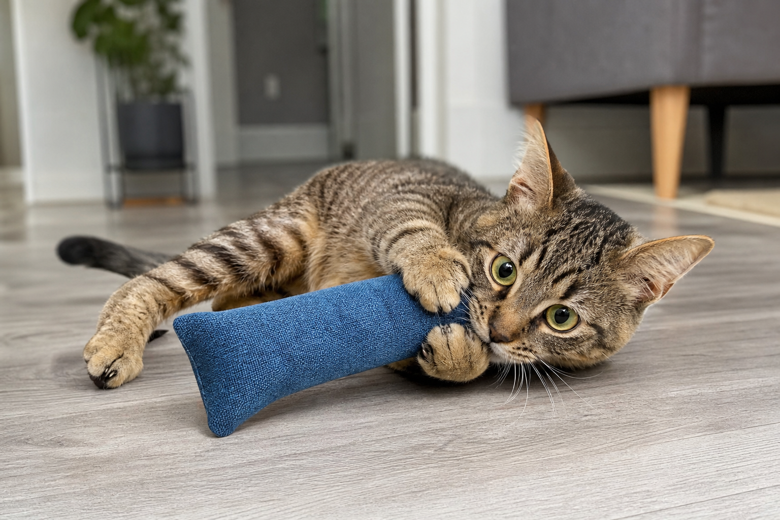 Cat gripping a sturdy kicker toy during supervised play