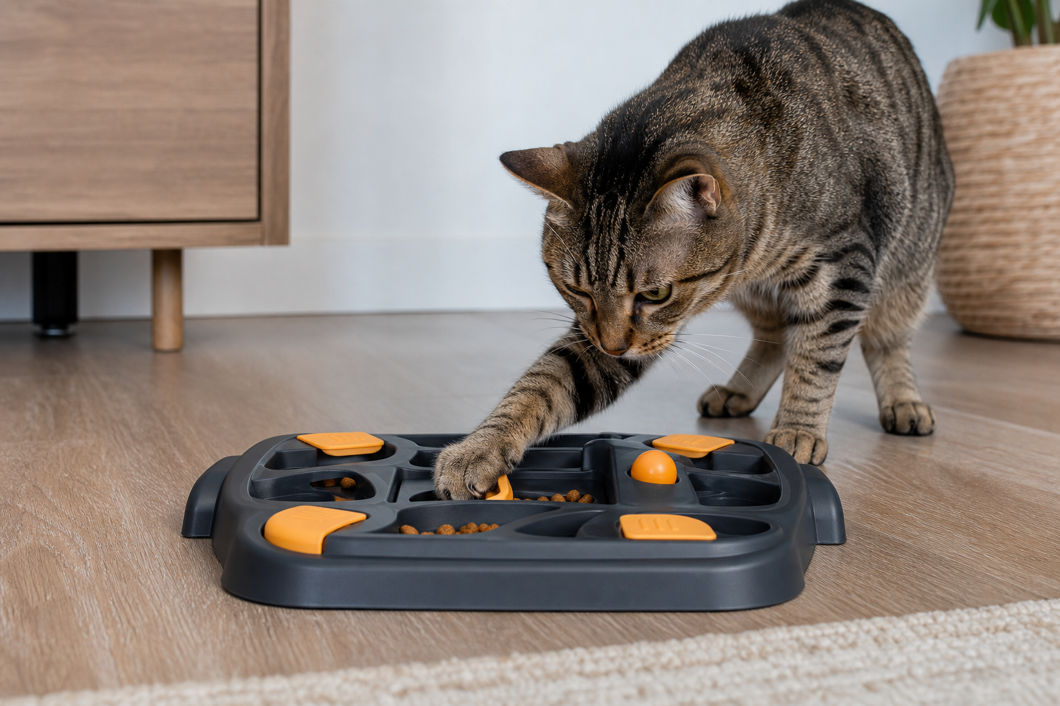 Tabby cat working kibble out of a sturdy puzzle feeder on the floor