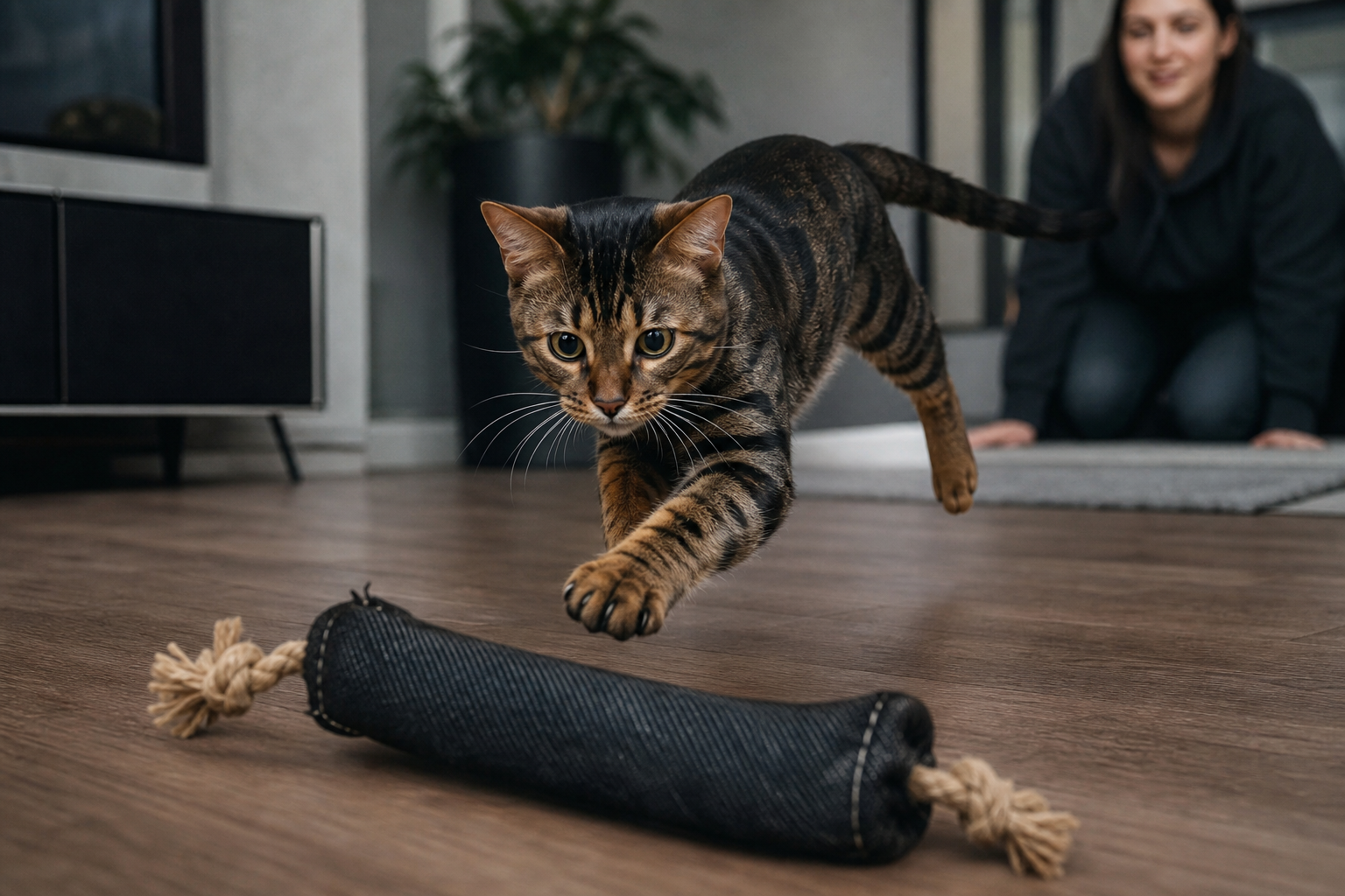 Energetic indoor cat chasing a rugged toy across a living room floor