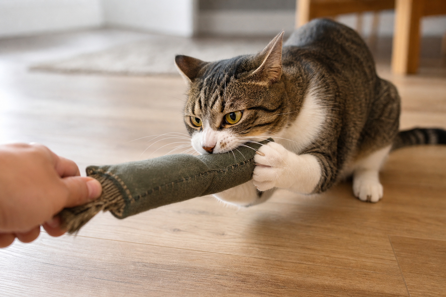 Cat gripping a tough fabric chew toy during supervised indoor play