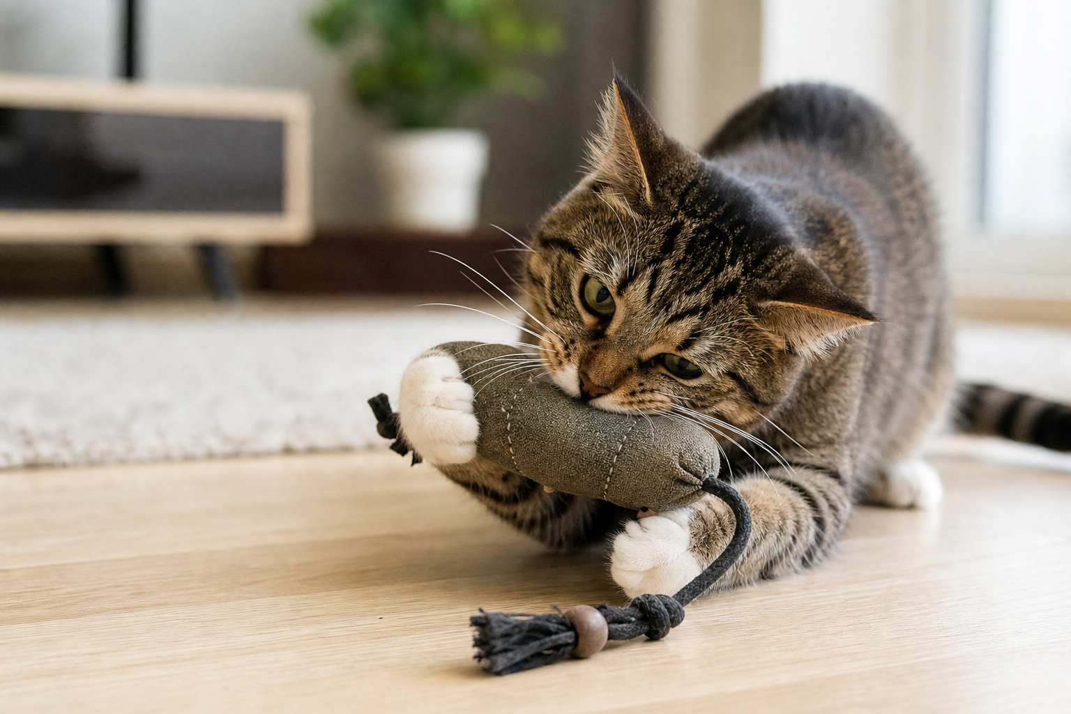 Cat gripping a tough fabric toy during supervised play