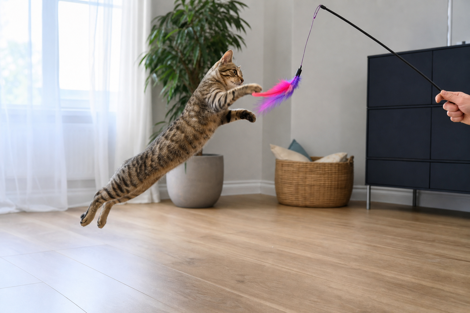 Cat leaping toward a wand cat toy during supervised indoor play