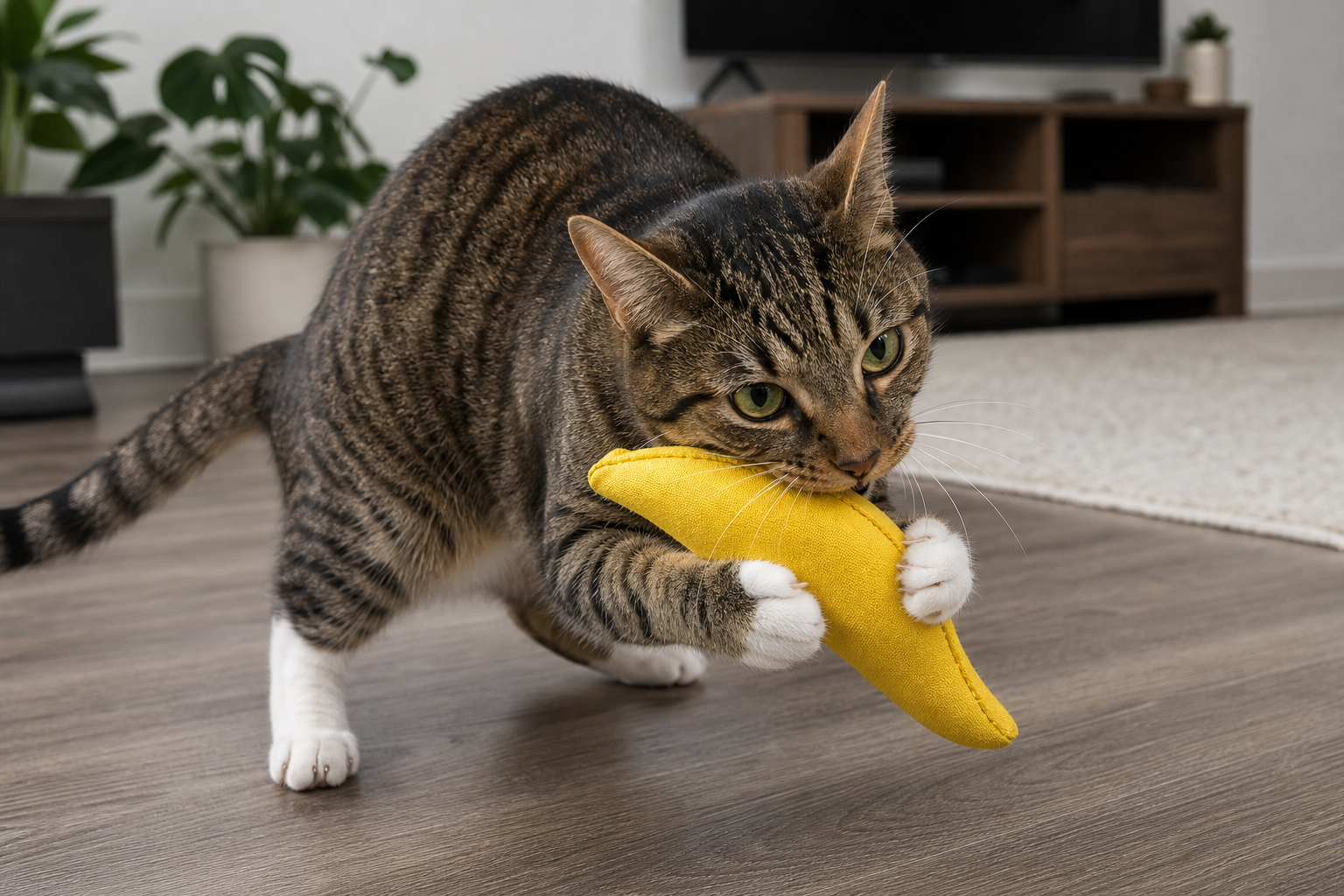Cat gripping a banana-shaped kicker toy during supervised play