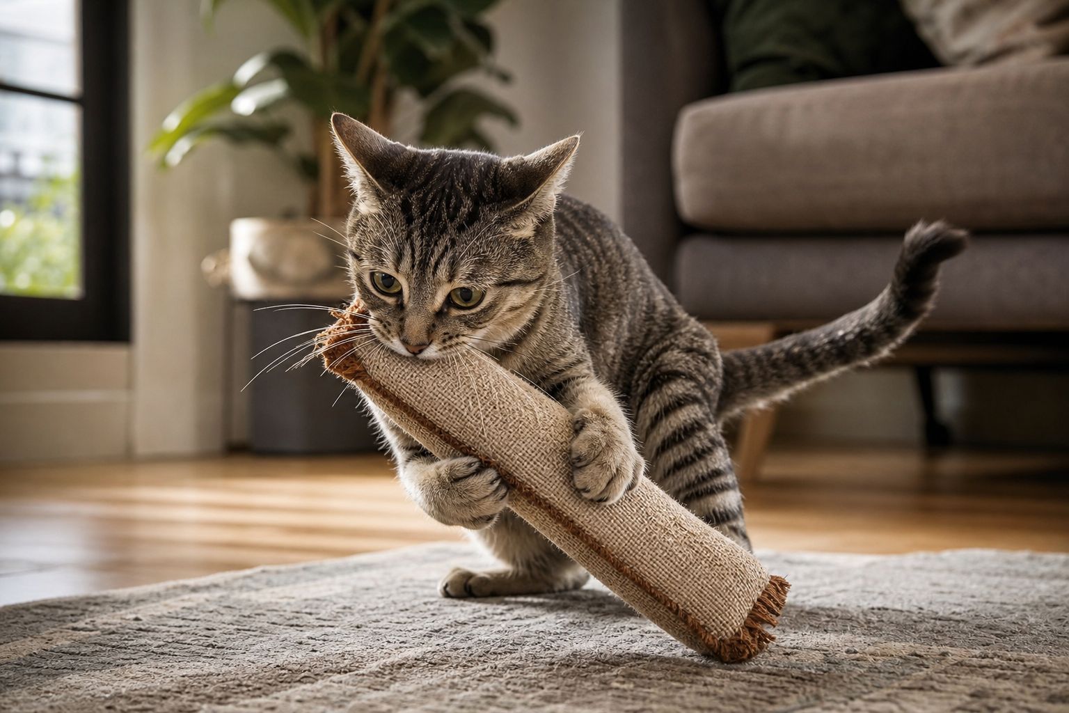 Cat gripping a tough fabric kicker toy during supervised indoor play