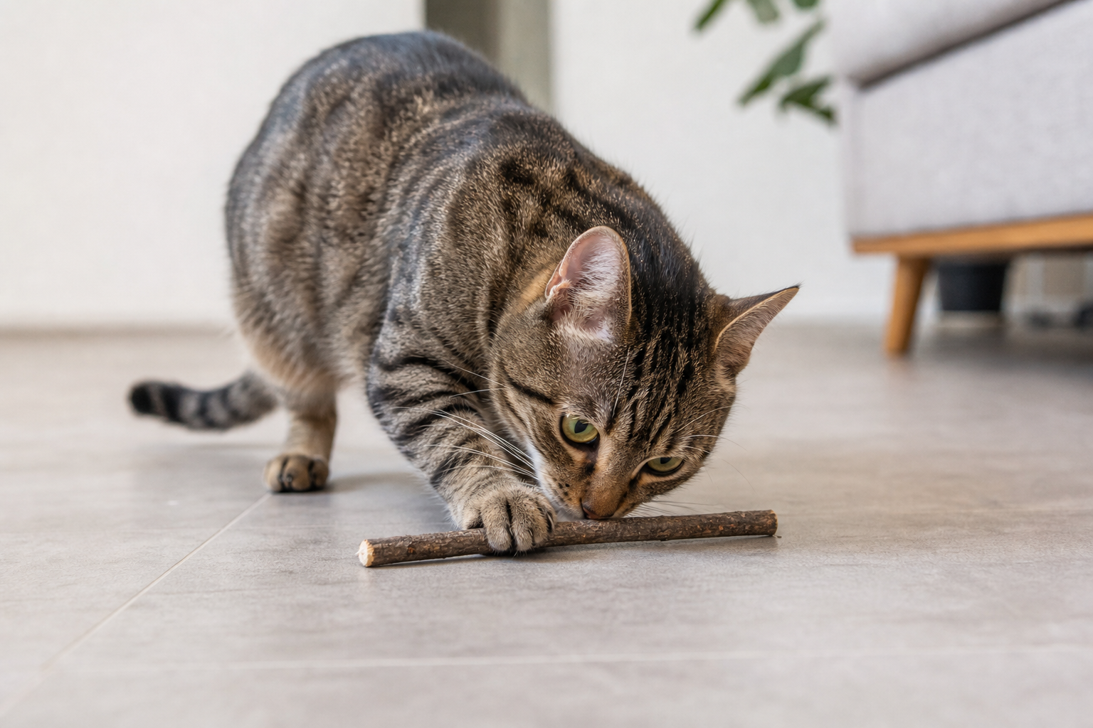 Cat sniffing a silvervine-style chew stick during supervised play