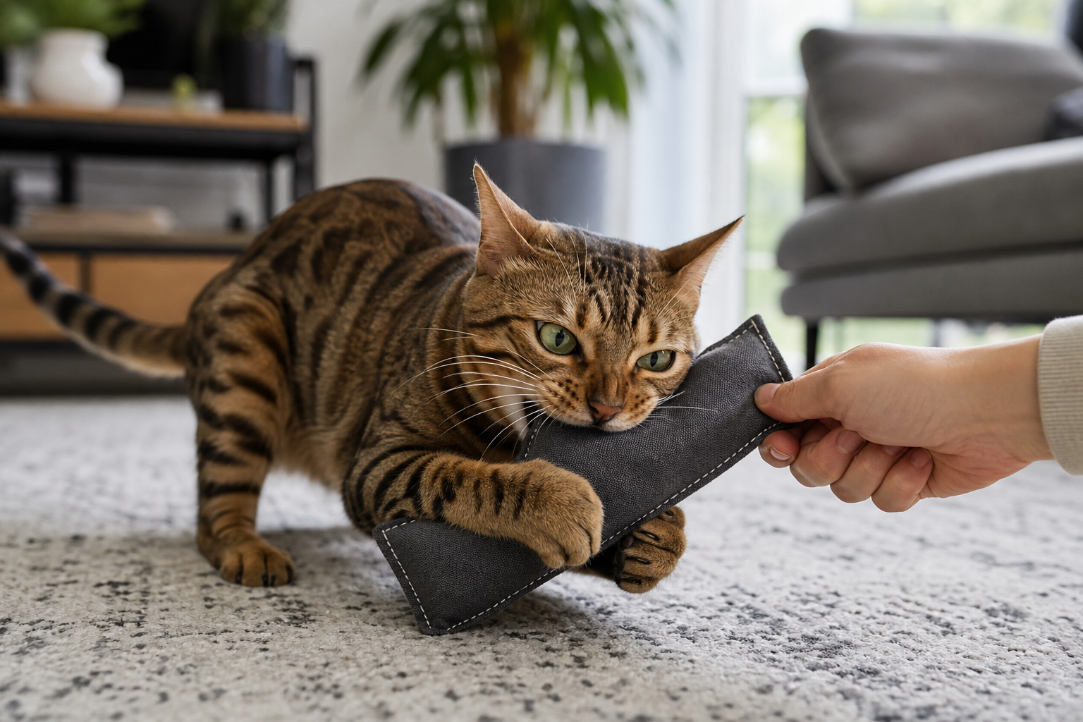 Cat gripping a rugged chew toy during supervised indoor play