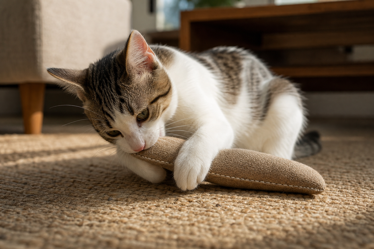 Young cat chewing a durable fabric toy during supervised indoor play