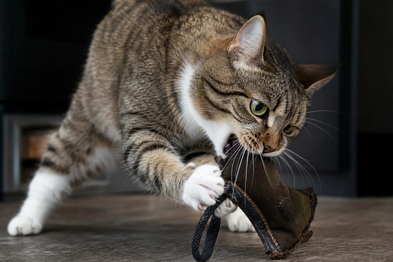 Cat gripping a rugged chew-safe toy during supervised play