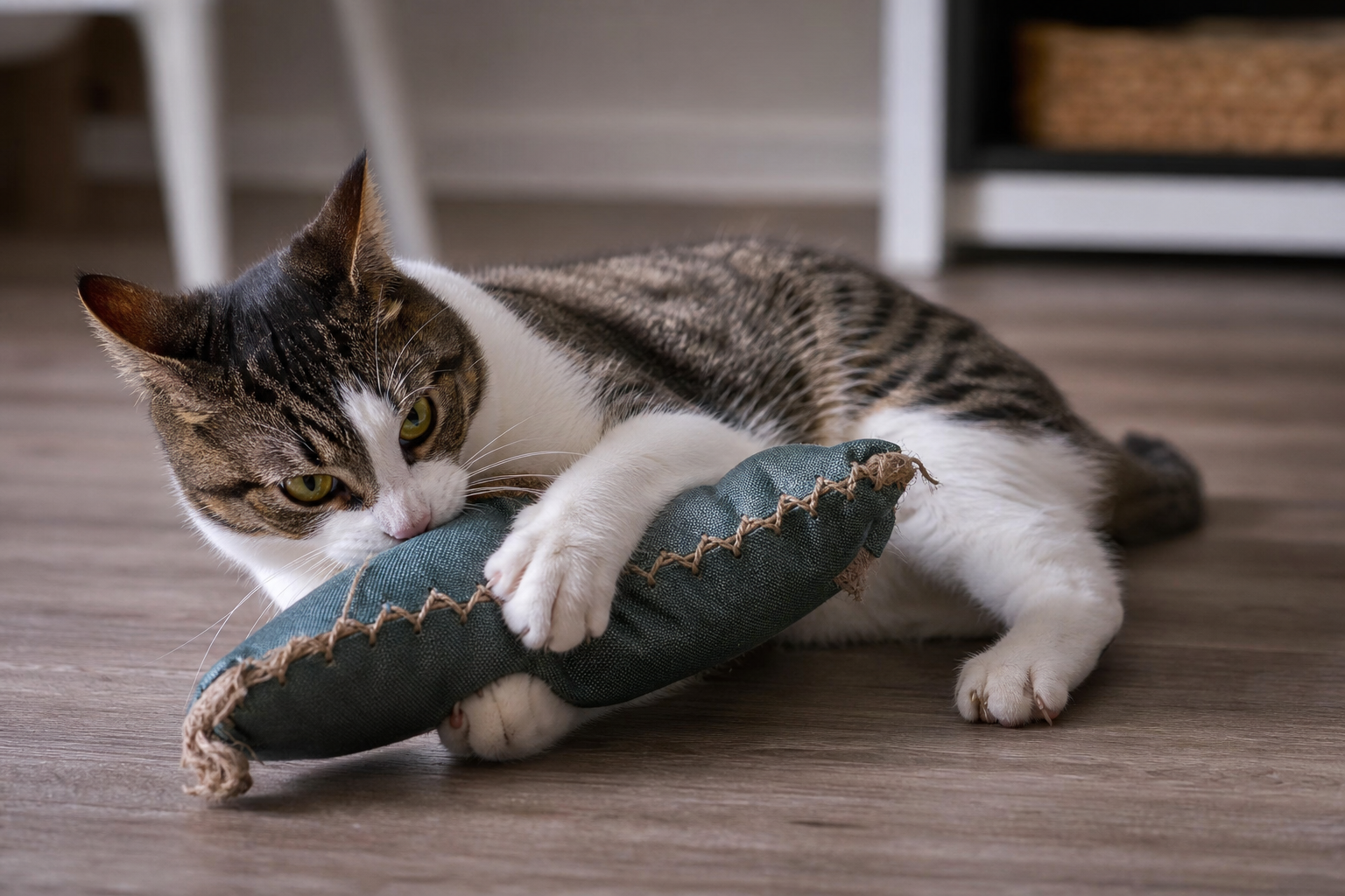 Cat gripping a tough fabric toy during supervised indoor play
