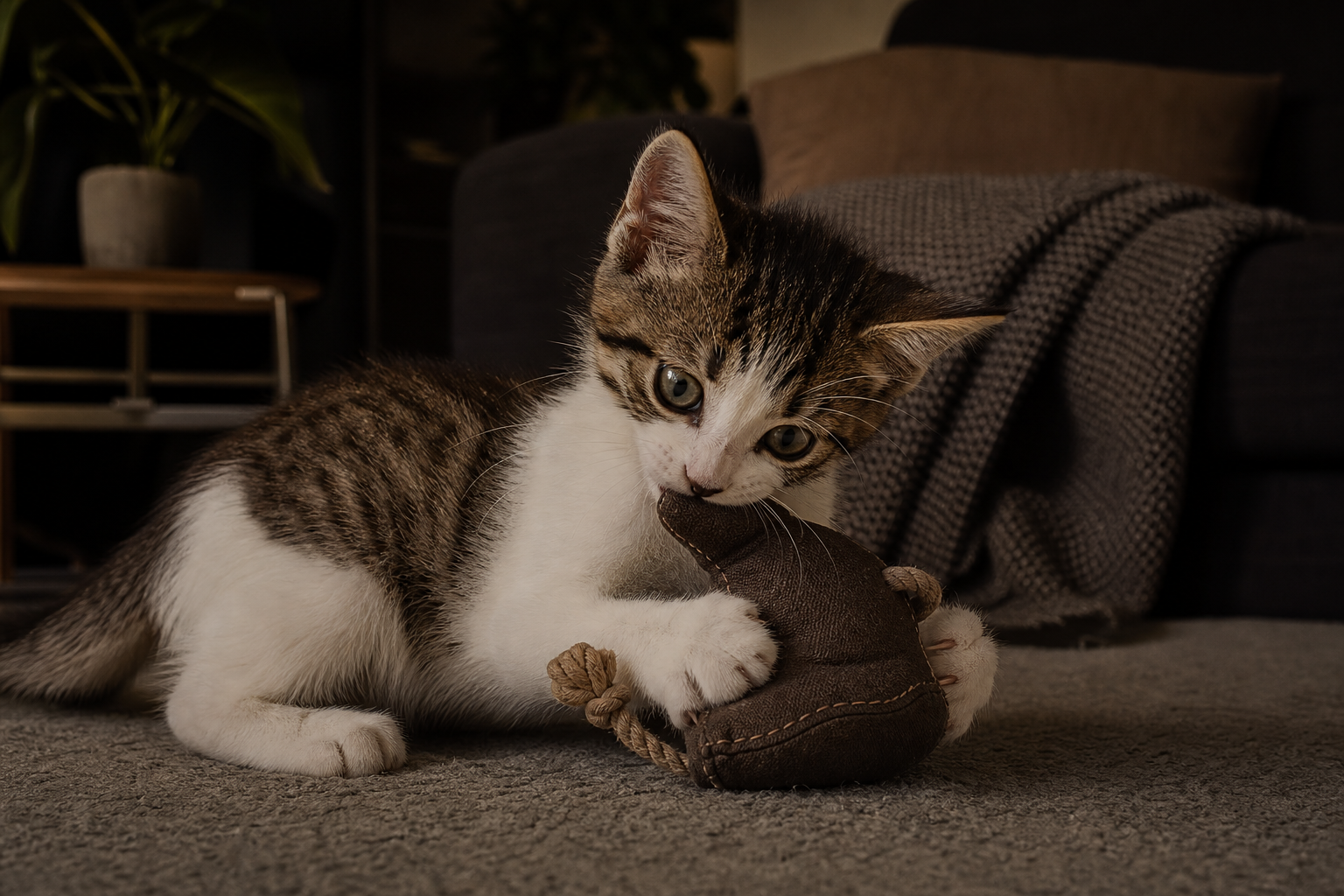 Teething kitten chewing a soft durable fabric toy during supervised play