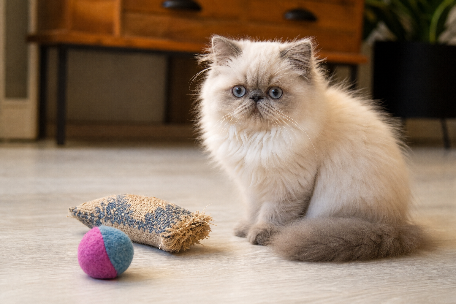 Small blue point Persian mix cat beside correctly sized safe cat toys