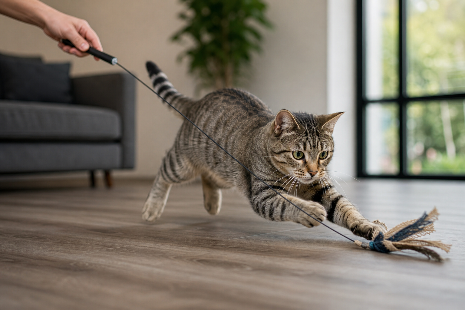 Indoor cat chasing a wand toy on a stick during supervised play