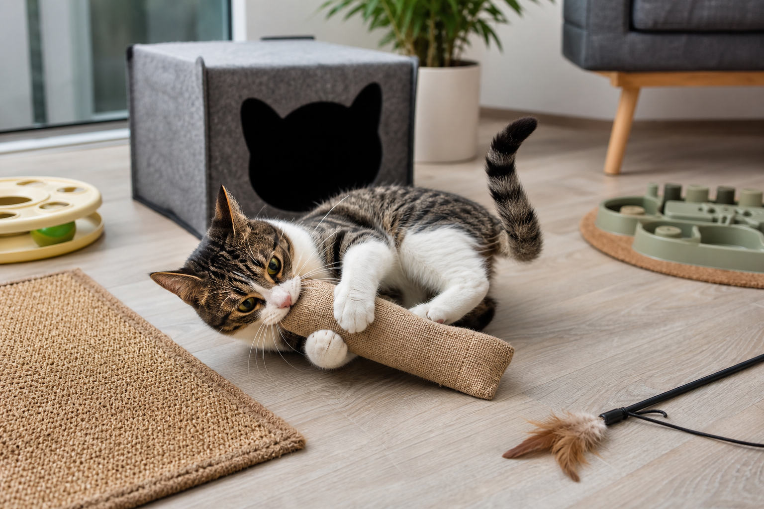 Cat gripping a tough fabric kicker toy beside a curated set of cat toys and accessories