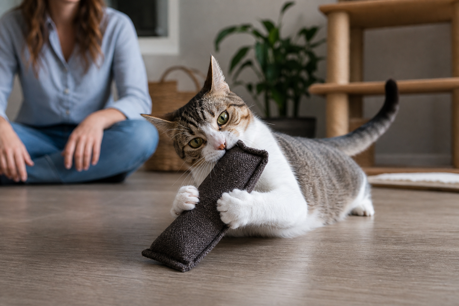 Energetic cat gripping a tough fabric kicker toy during supervised play