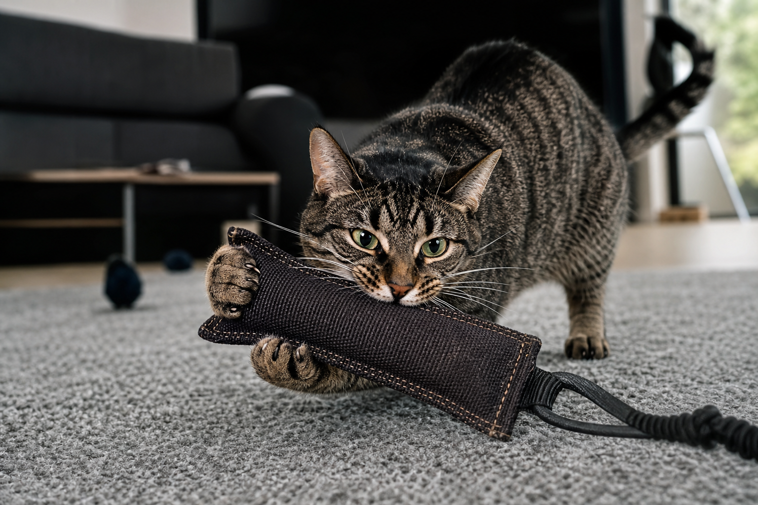 Cat gripping a tough chew toy during supervised indoor play