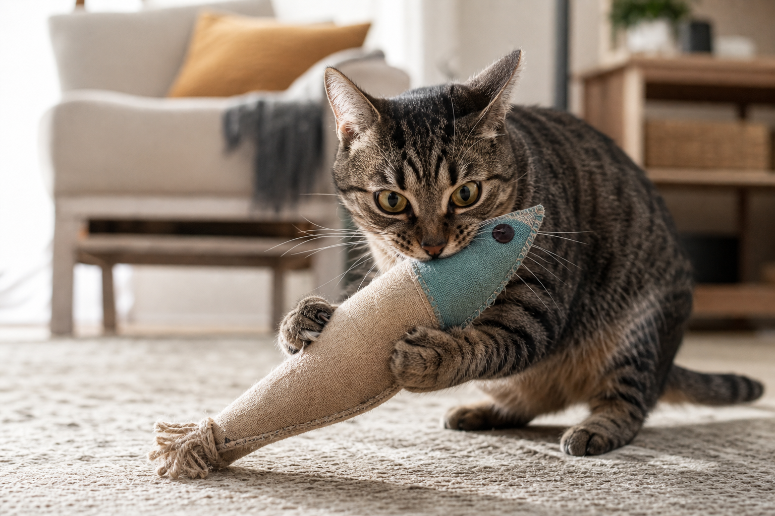 Cat playing with a cute durable fabric kicker toy indoors