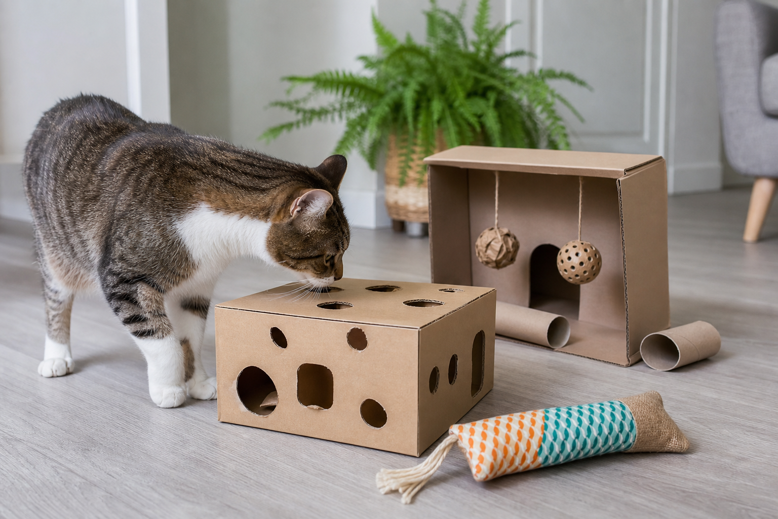 Indoor cat investigating homemade cardboard enrichment toys during supervised play